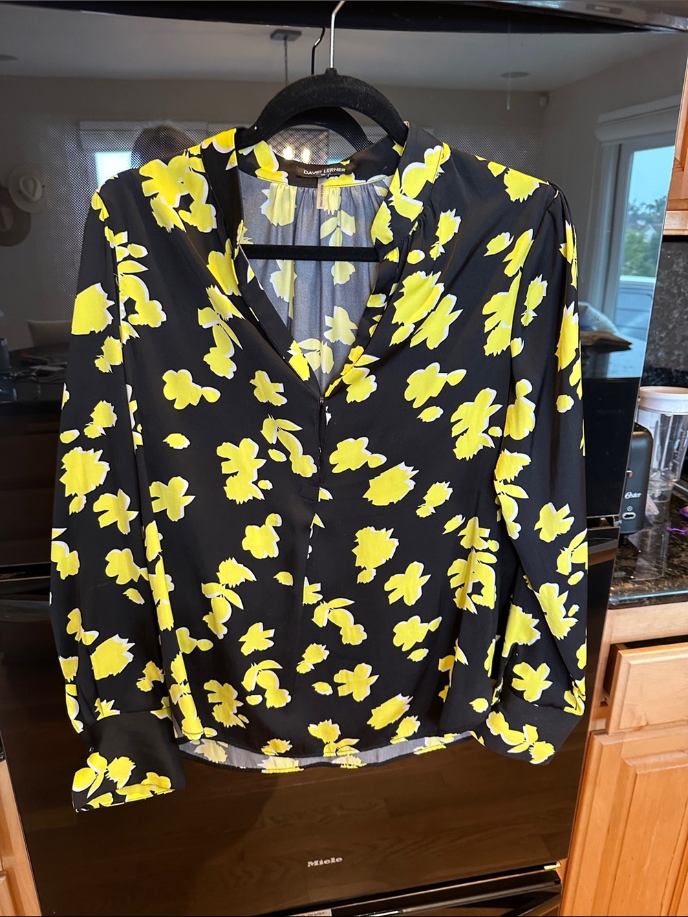 David Lerner Black Blouse with Yellow Floral Print
